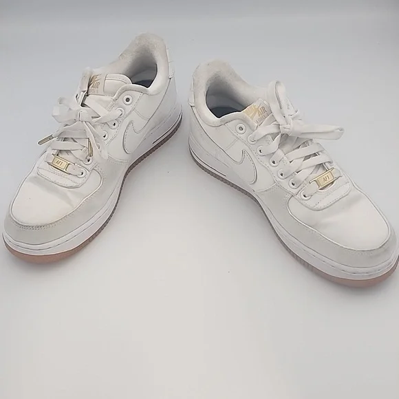 Nike Air Force 1 White Satin Sneakers with Mini Gold Swoosh/Gold Weighted Laces - Picture 3 of 7